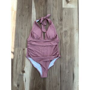 NWT Cupshe V-Neck Halter Backless Ruched Tummy Control Swimsuit Pink Size Large